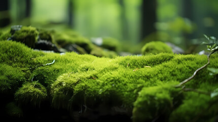 Beautiful bright green moss growing on rough stones