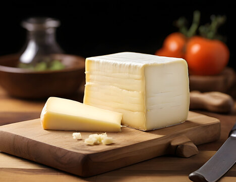 A rich piece of Limburger cheese rests on a wooden cutting board, inviting a taste