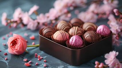 Chocolate candy hearts and flowers