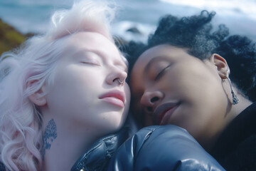 Two women with contrasting skin tones and hair colors are resting their heads together in a serene embrace.