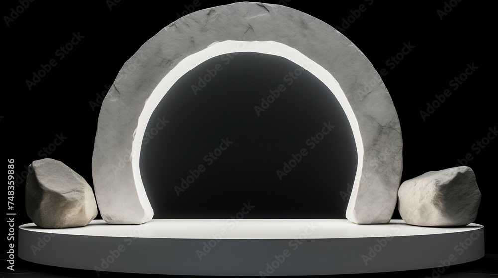 Poster archway illuminated stone display with rocks on podium. generative ai