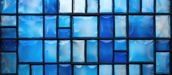A detailed view of small blue stained glass squares arranged in an intricate pattern, part of a window in an English church. The vibrant shades of blue create a striking design against the light. - obrazy, fototapety, plakaty