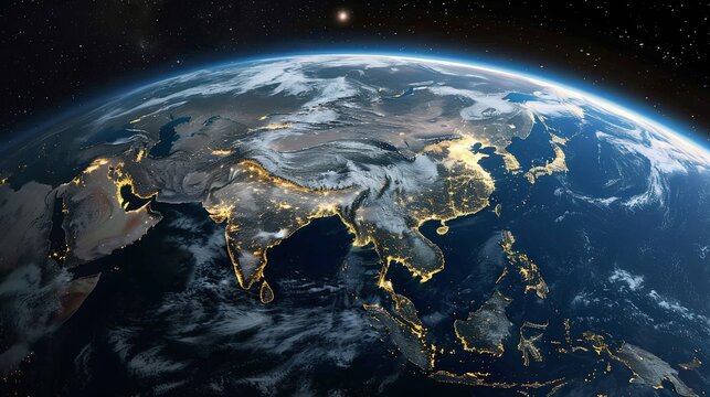 Planet Earth at Night Showcasing the Illuminated Continents. Generative ai