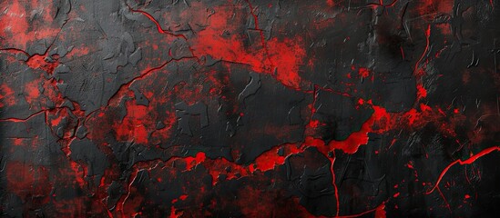A black and red painting with textured streaks of red dominating the canvas. The colors create a striking contrast, with hints of scratches and cracks adding depth to the composition.