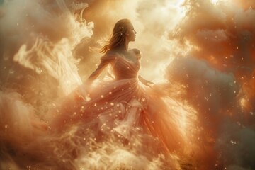 A girl in a pink tulle dress takes magical steps in a golden hou