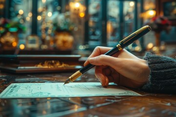 Hand writing on a blank check dokument with a classic fountain pen, set against a warm, bokeh-lit antique shop background - obrazy, fototapety, plakaty