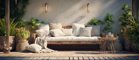 A couch is placed on a wooden floor next to several potted plants in a well-decorated outdoor terrace space. The setting gives off a relaxing and inviting vibe, perfect for a cozy outdoor seating area