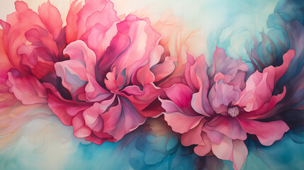 Bright red abstract peonies close-up painted in watercolor.