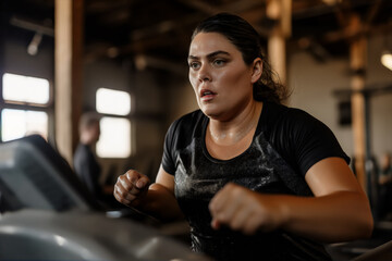 A focused woman runs on a treadmill in a gym, her face showing determination and sweat glistening on her skin. - obrazy, fototapety, plakaty
