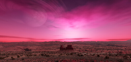 Sci-fi Scene of Alien Planet Rocky Terrain with Background planet. 3d Rendering Artwork