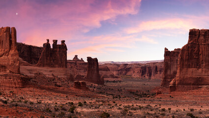 Red rock canyon formations in Arches National Park, Moab, Utah, United States. Sunset