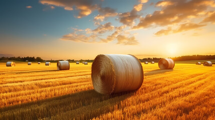 Hay bales in field at sunset
