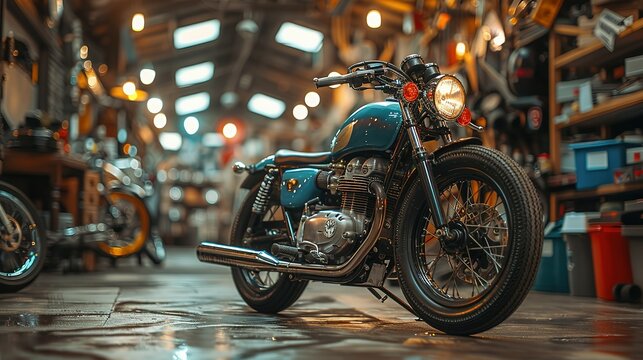 Custom Bobber Motorbike Standing in an Authentic Creative Workshop. Vintage Style Motorcycle Under Warm Lamp Light in a Garage