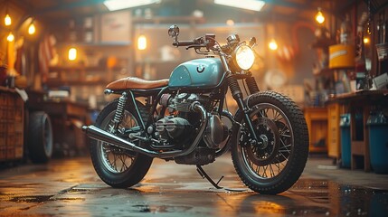 Custom Bobber Motorbike Standing in an Authentic Creative Workshop. Vintage Style Motorcycle Under Warm Lamp Light in a Garage - obrazy, fototapety, plakaty