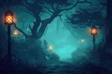 Halloween lanterns in spooky  magical forest at night.