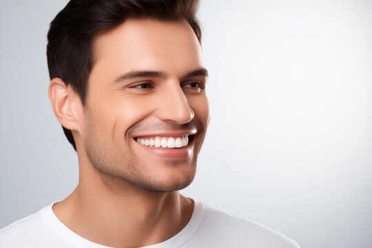 A photo portrait of a beautiful man over 30 years old, smiling with clean teeth, perfect teeth. To advertise dentistry. Highlighted on a white background