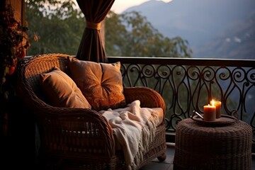 Serene Wicker Chair on a Peaceful Balcony, Offering Stunning Views of Majestic Mountains During the Calming Dusk Hours, an Ideal Spot for Quiet Contemplation and Immersion in Natures Beauty