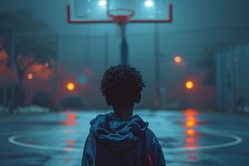 Young black boy on the basketball court at night