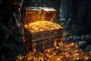Treasure chest full of golden coins - obrazy, fototapety, plakaty