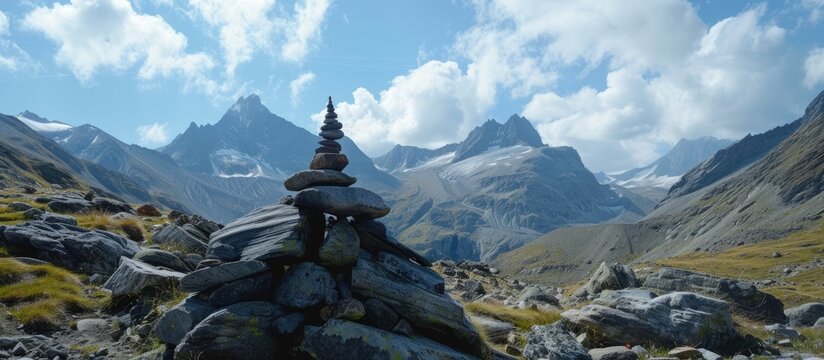 A collection of rocks piled on a mountain peak, showcasing the rugged terrain and geological formations found at high elevations. These rocks likely have accumulated over time, shaped by geological