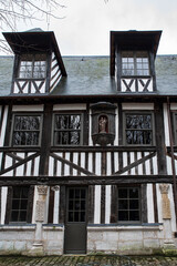 Facade of old half-timbered houses in the city of Rouen in Normandy, France