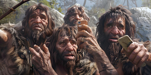 Obraz premium Cavemen taking selfies, ai generated.