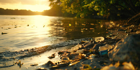 man-made environmental pollution on the banks of a river at sunset with space copy concept sos planet. Image created by IA