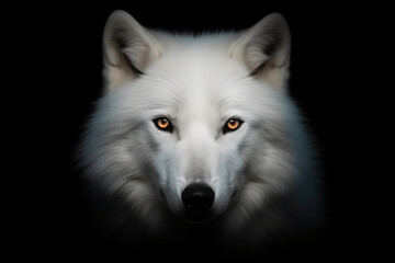 A majestic white wolf with piercing amber eyes emerges from the darkness, focusing intently forward.