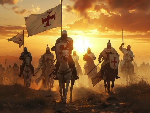 Warriors under the banner of the Knights Templar seek the Holy Grail as the sun sets merging myth with mission