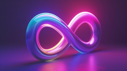Abstract fluid iridescent holographic neon infinity sign background. Luminous 3D curved shape on gradient backdrop. Futuristic radiant glowing dynamic glass-like element desktop wallpaper.