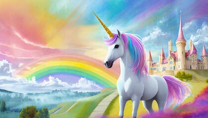 Licorne et décor arc-en-ciel, univers coloré aux couleurs de princesses, with a castle.  - obrazy, fototapety, plakaty