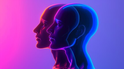 3d render human head shapes in neon colors on gradient background. Futuristic holographic artificial intelligence robots. Face identification. Virtual reality concept. Glowing light head model.