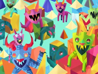 Fototapeta premium Adorable devils geometric capers cheeky fun in angular hell