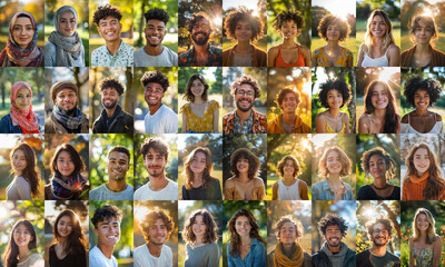 Outdoors headshot of multi ethnics young college students from all genders and cultures 
