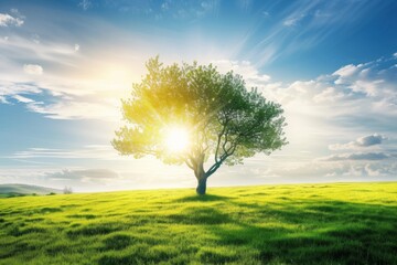 Obraz premium A solitary tree stretching its branches toward the radiant sun above