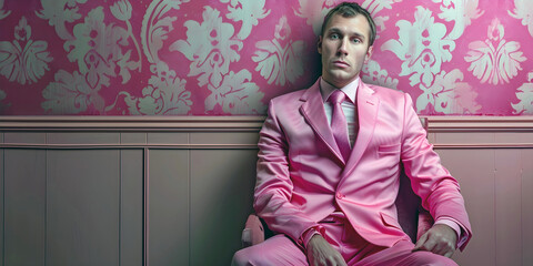 Man in pink  clothing in a pink room, ai generated.