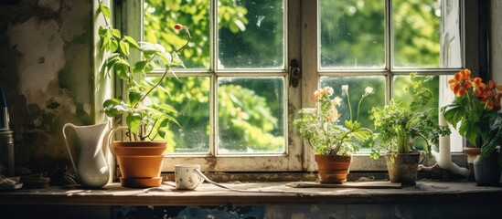 A window sill adorned with various potted plants placed next to a window. The plants are thriving in the sunlight, adding a touch of greenery to the indoor space.