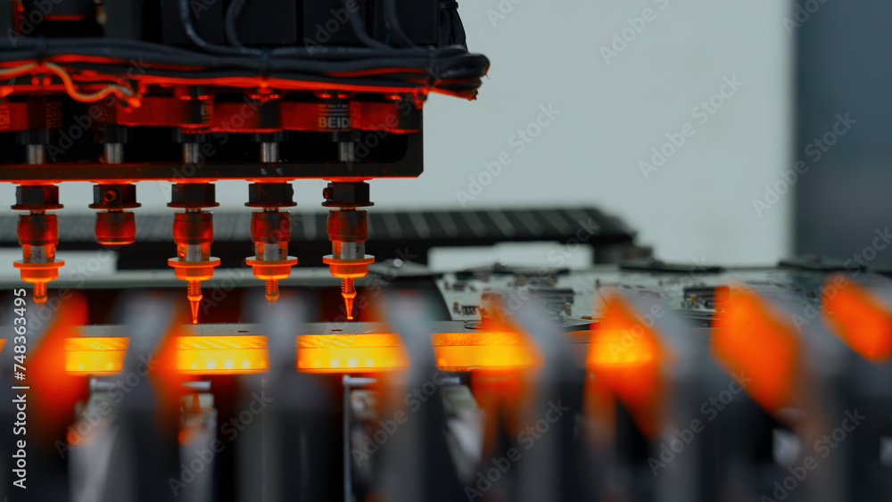Aufkleber pcb processing on cnc machine production of electronic components at high tech factory. creative. mi