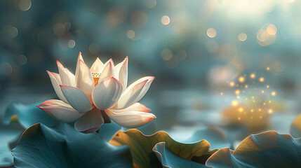 Close-up of a delicate lotus flower in full bloom ~ A blooming waterlily showing its natural beauty and elegance among green leaves blurred background effect - obrazy, fototapety, plakaty