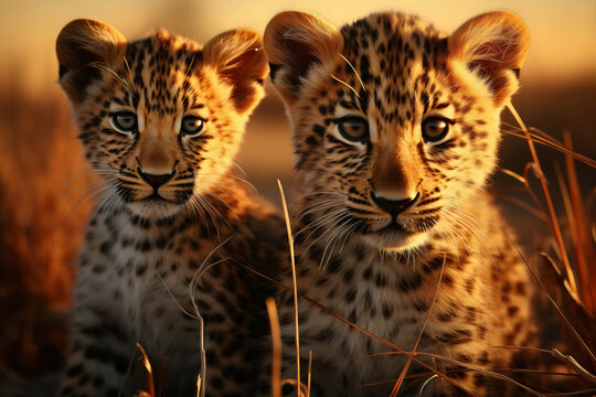 Two leopard cubs with curious eyes sitting in the golden light of sunset, surrounded by grass.