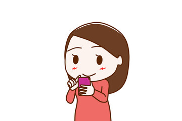 （上半身斜め）スマホを持って画面を見ながらにっこり微笑む女性