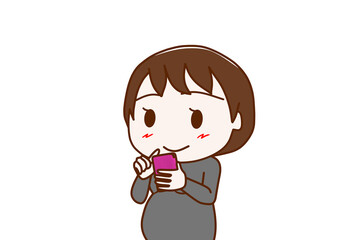 （上半身斜め）スマホを持って画面を見ながらにっこり微笑む妊婦