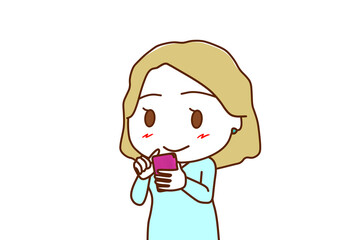 （上半身斜め）スマホを持って画面を見ながらにっこり微笑む白人女性