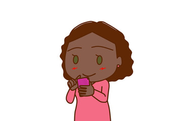 （上半身斜め）スマホを持って画面を見ながらにっこり微笑むアフリカ系女性