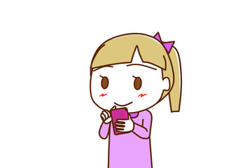 （上半身斜め）スマホを持って画面を見ながらにっこり微笑む白人少女