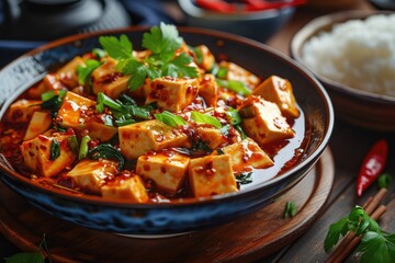 Spicy Ma Po Tofu on a wooden table