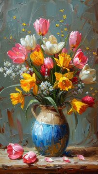 Fototapeta Spring flowers in a vase oil painting art
