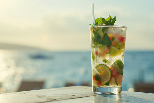 Mojito with tropical Fruits on an exotic beach. Image for Cafe and Restaurant Menus