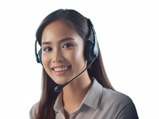 Asian customer support phone operator in headset, isolated on transparent background.