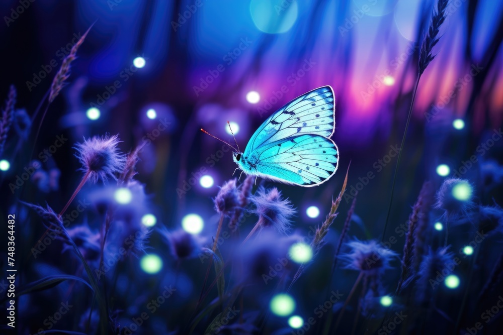 Poster nighttime butterfly in moonlit meadow macro image.